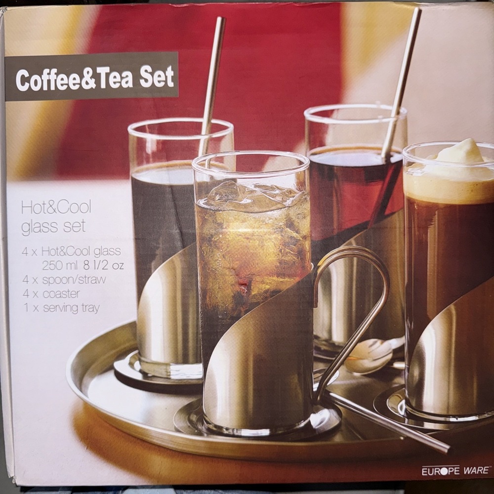 Europe Ware Coffee & Tea Set of 4 hot/cold glasses, straws, coasters, tray NIB